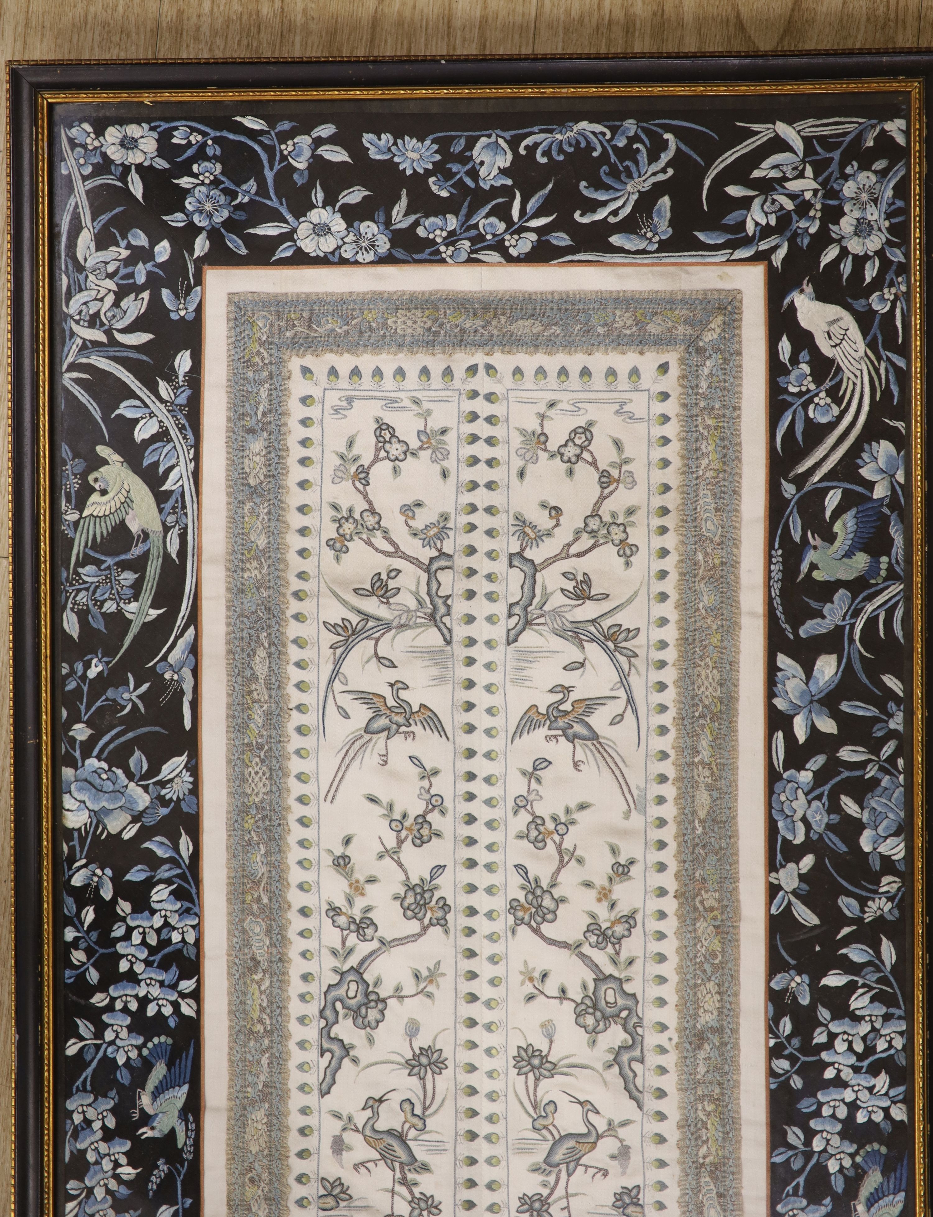 Two framed Chinese late Qing embroidered silk panels 71 x 39cm & 62 x 32cm